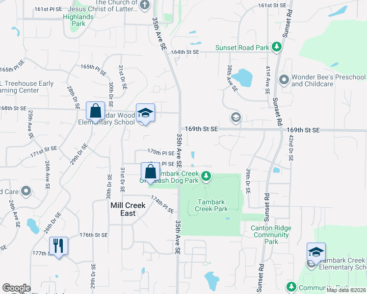 map of restaurants, bars, coffee shops, grocery stores, and more near 17116 35th Drive Southeast in Bothell