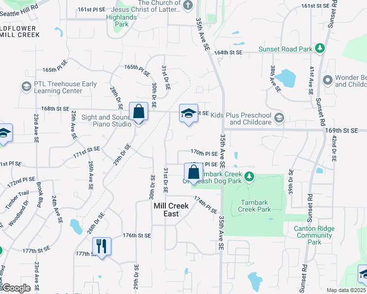 map of restaurants, bars, coffee shops, grocery stores, and more near 3414 168th Street Southeast in Bothell