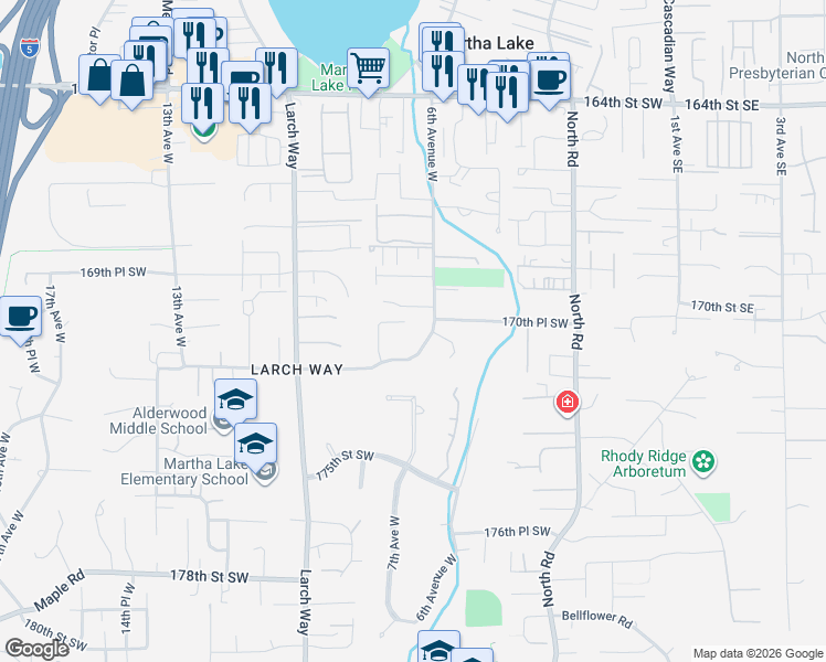 map of restaurants, bars, coffee shops, grocery stores, and more near 705 170th Place Southwest in Lynnwood