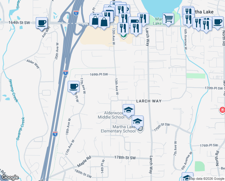map of restaurants, bars, coffee shops, grocery stores, and more near 17002 13th Avenue West in Lynnwood