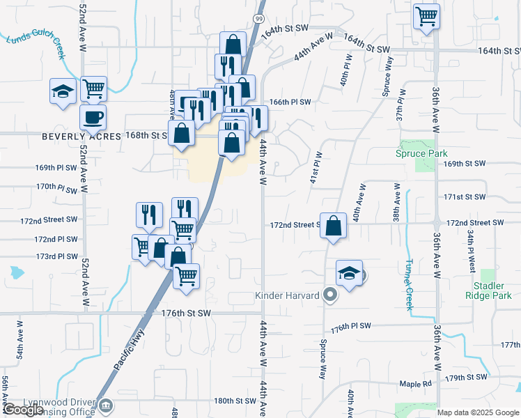 map of restaurants, bars, coffee shops, grocery stores, and more near 17027 44th Avenue West in Lynnwood