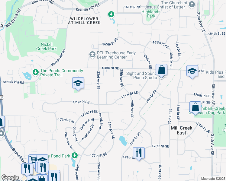 map of restaurants, bars, coffee shops, grocery stores, and more near 2402 169th Place Southeast in Bothell
