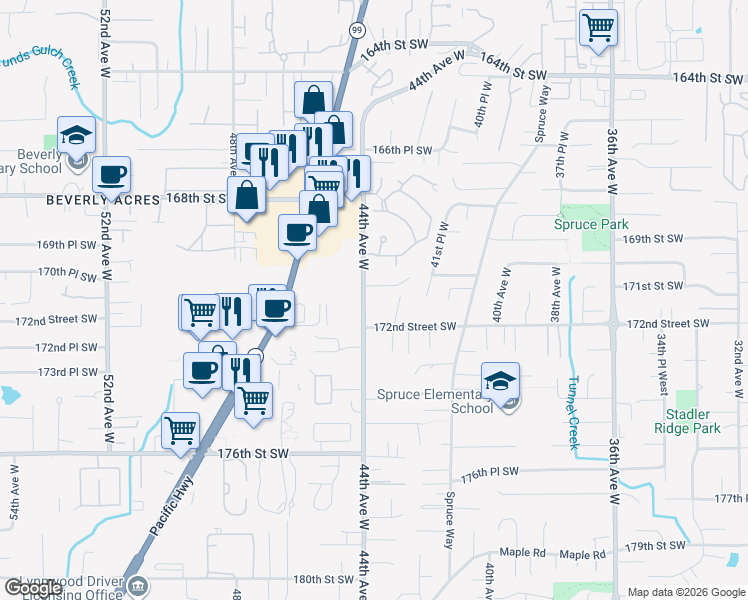 map of restaurants, bars, coffee shops, grocery stores, and more near 17027 44th Avenue West in Lynnwood