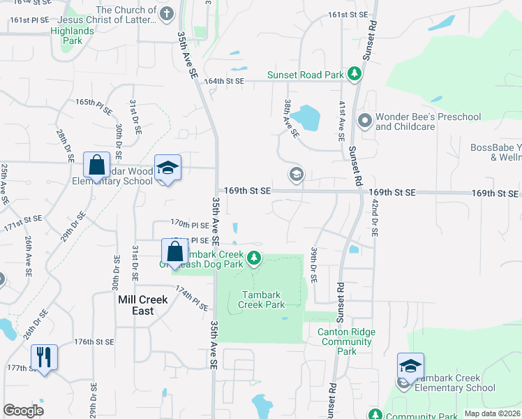 map of restaurants, bars, coffee shops, grocery stores, and more near 3701 170th Place Southeast in Bothell