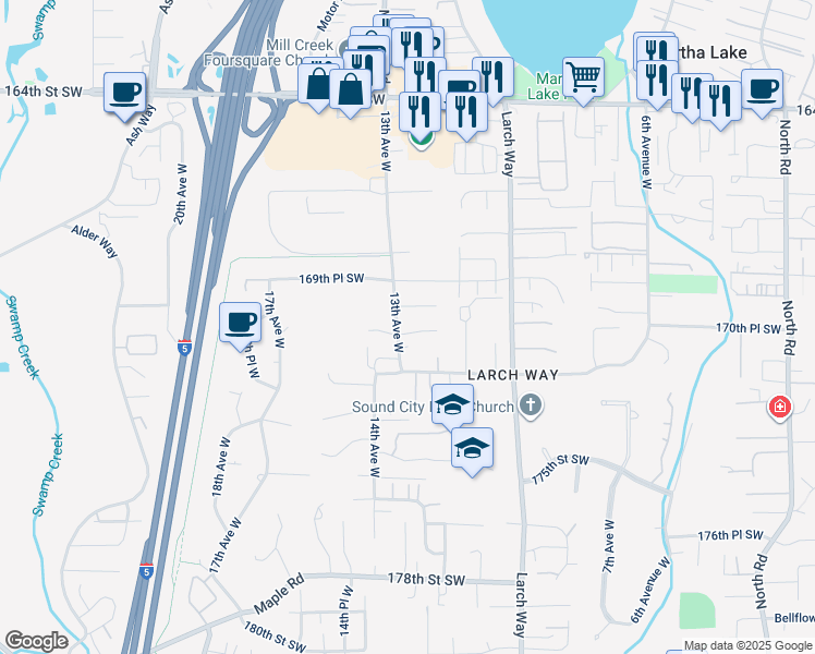 map of restaurants, bars, coffee shops, grocery stores, and more near 1327 170th Place Southwest in Lynnwood