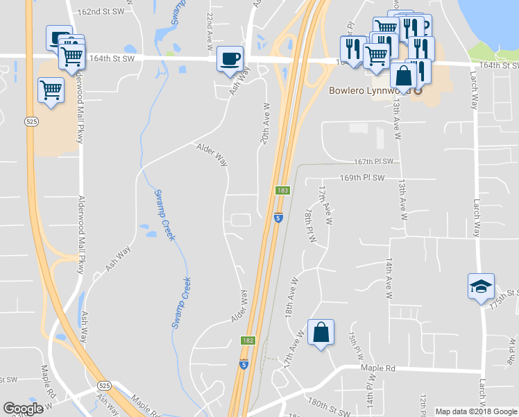 map of restaurants, bars, coffee shops, grocery stores, and more near 17025 20th Avenue West in Lynnwood