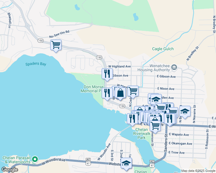 map of restaurants, bars, coffee shops, grocery stores, and more near 504 West Manson Highway in Chelan