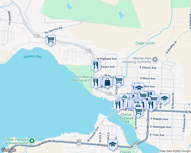 map of restaurants, bars, coffee shops, grocery stores, and more near 504 West Manson Highway in Chelan