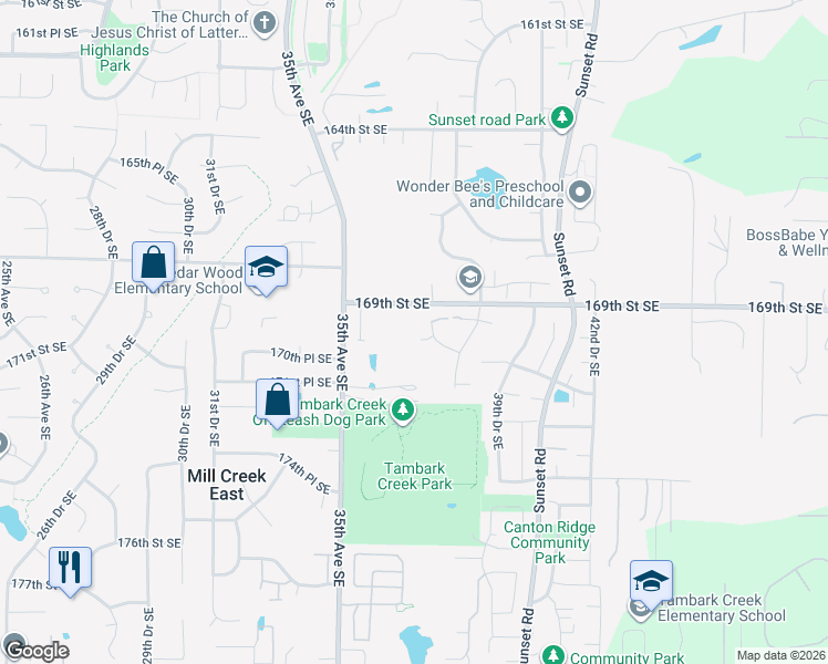 map of restaurants, bars, coffee shops, grocery stores, and more near 16909 37th Drive Southeast in Bothell