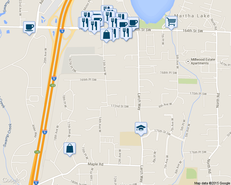map of restaurants, bars, coffee shops, grocery stores, and more near 1213 170th Pl SW in Lynnwood