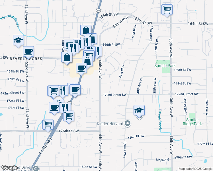 map of restaurants, bars, coffee shops, grocery stores, and more near 17027 44th Avenue West in Lynnwood