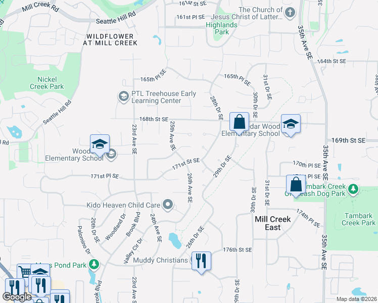 map of restaurants, bars, coffee shops, grocery stores, and more near 2612 170th Street Southeast in Bothell