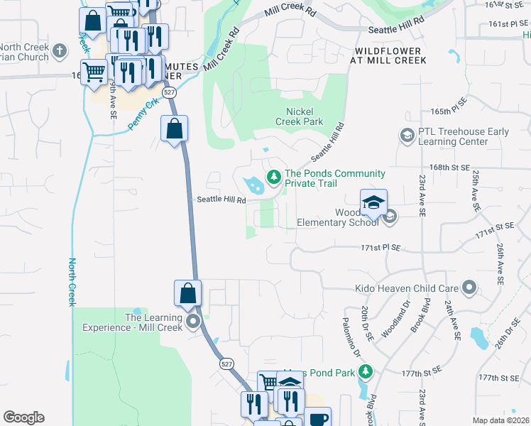 map of restaurants, bars, coffee shops, grocery stores, and more near 1603 170th Street Southeast in Mill Creek