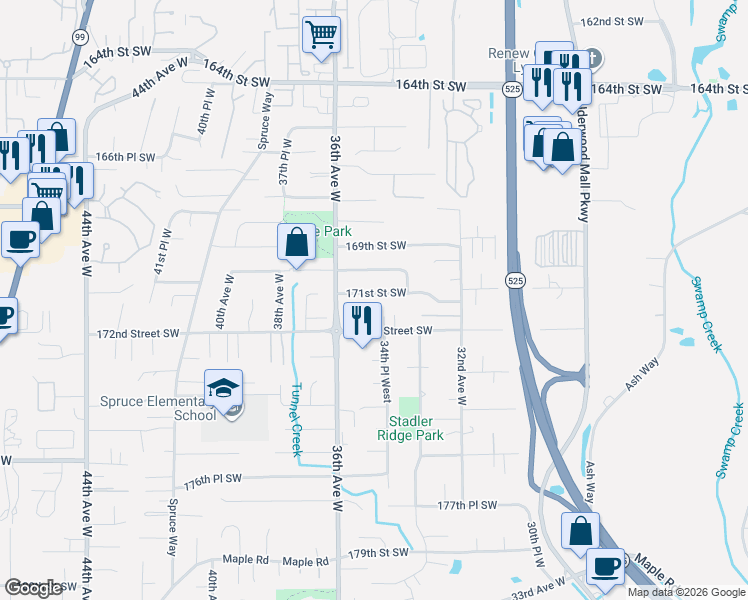 map of restaurants, bars, coffee shops, grocery stores, and more near 3428 171st Street Southwest in Lynnwood
