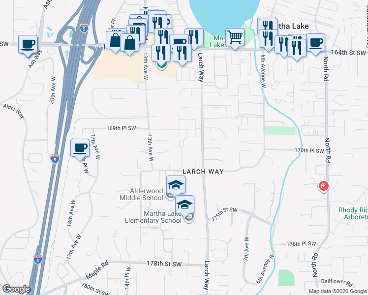 map of restaurants, bars, coffee shops, grocery stores, and more near 17025 11th Place West in Lynnwood