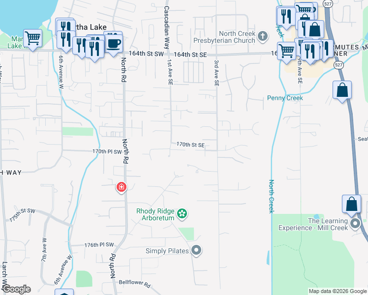 map of restaurants, bars, coffee shops, grocery stores, and more near 114 170th Street Southeast in Bothell