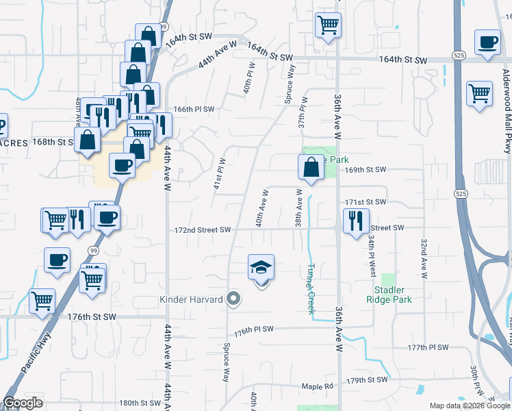 map of restaurants, bars, coffee shops, grocery stores, and more near 17019 Spruce Way in Lynnwood