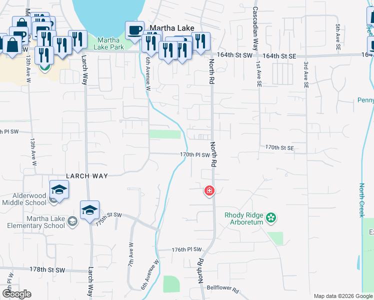 map of restaurants, bars, coffee shops, grocery stores, and more near 319 170th Place Southeast in Bothell