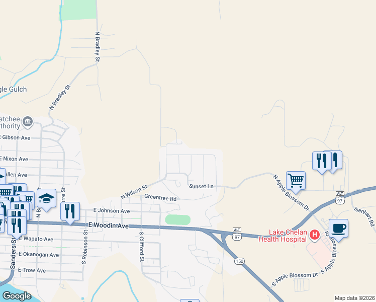 map of restaurants, bars, coffee shops, grocery stores, and more near 1047 Sunny Brooke Lane in Chelan
