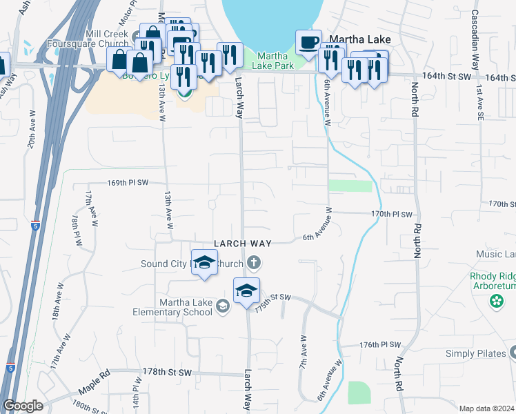 map of restaurants, bars, coffee shops, grocery stores, and more near 16925 Larch Way in Lynnwood