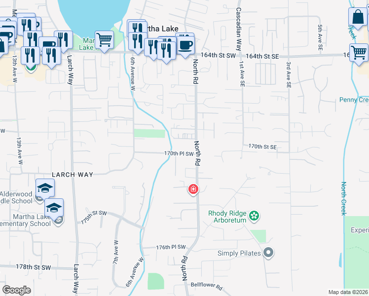 map of restaurants, bars, coffee shops, grocery stores, and more near 227 170th Place Southeast in Bothell