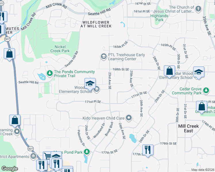 map of restaurants, bars, coffee shops, grocery stores, and more near 2226 169th Place Southeast in Bothell