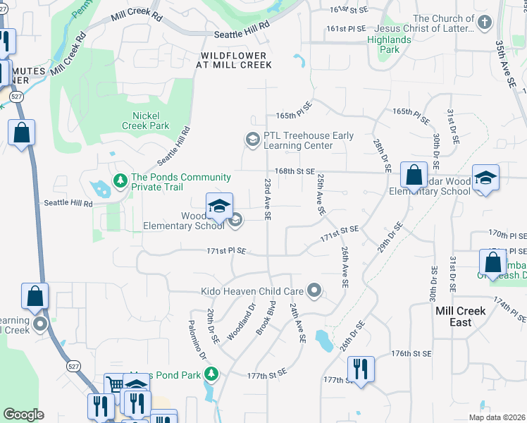 map of restaurants, bars, coffee shops, grocery stores, and more near 2226 169th Place Southeast in Bothell