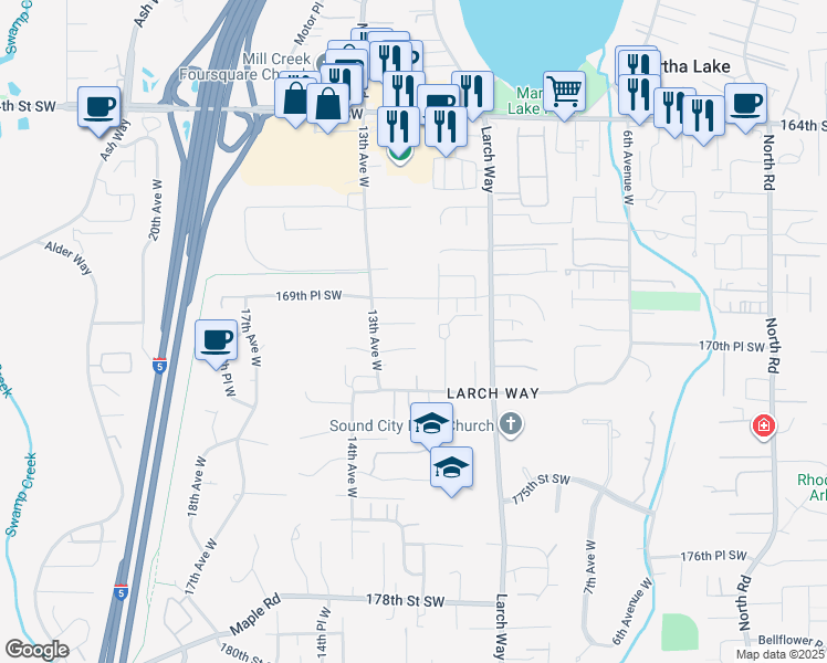 map of restaurants, bars, coffee shops, grocery stores, and more near 1213 170th Place Southwest in Lynnwood