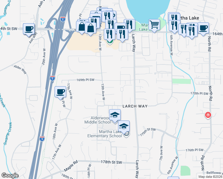map of restaurants, bars, coffee shops, grocery stores, and more near 1220 170th Street Southwest in Lynnwood