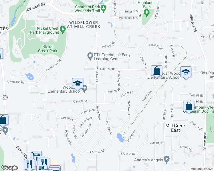 map of restaurants, bars, coffee shops, grocery stores, and more near 2402 169th Place Southeast in Bothell