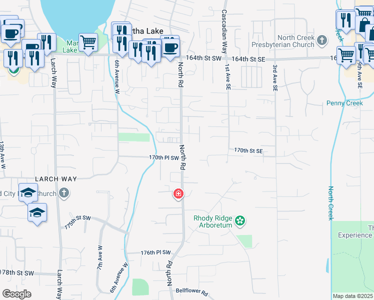 map of restaurants, bars, coffee shops, grocery stores, and more near 16929 North Road in Bothell