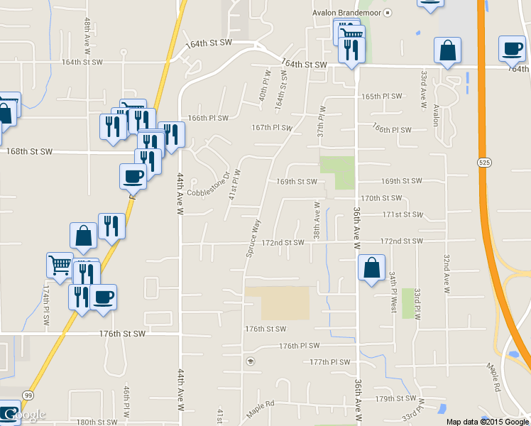 map of restaurants, bars, coffee shops, grocery stores, and more near 17019 Spruce Way in Lynnwood