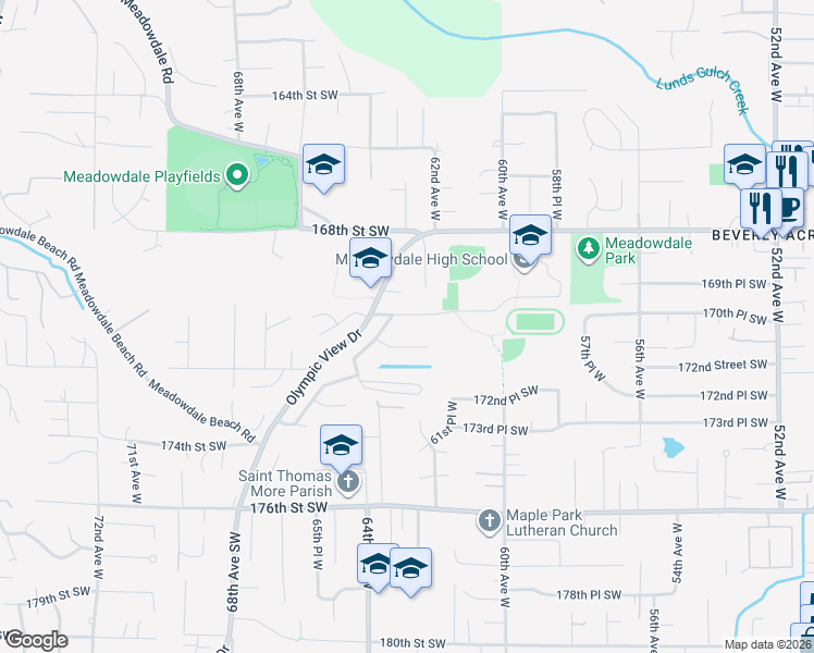 map of restaurants, bars, coffee shops, grocery stores, and more near 6210 170th Place Southwest in Lynnwood