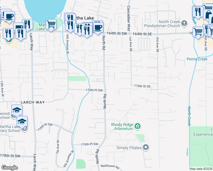 map of restaurants, bars, coffee shops, grocery stores, and more near 16929 North Road in Bothell