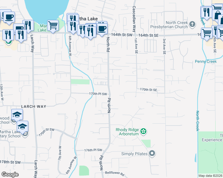 map of restaurants, bars, coffee shops, grocery stores, and more near 16929 North Road in Bothell