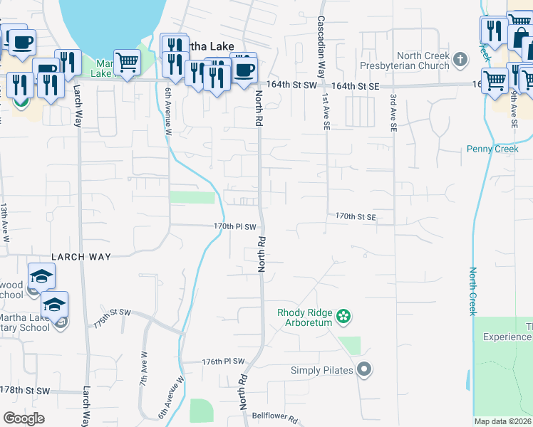 map of restaurants, bars, coffee shops, grocery stores, and more near 16929 North Road in Bothell