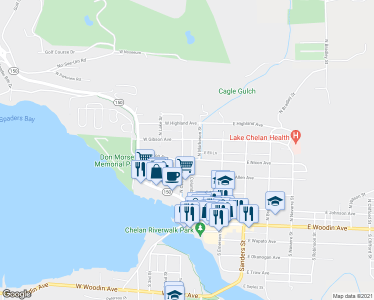 map of restaurants, bars, coffee shops, grocery stores, and more near 510 North Cedar Street in Chelan