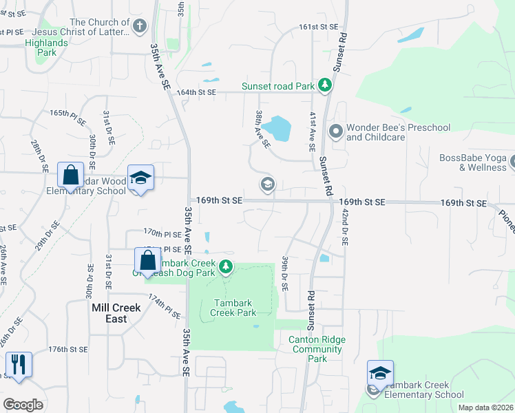 map of restaurants, bars, coffee shops, grocery stores, and more near 3727 169th Place Southeast in Bothell