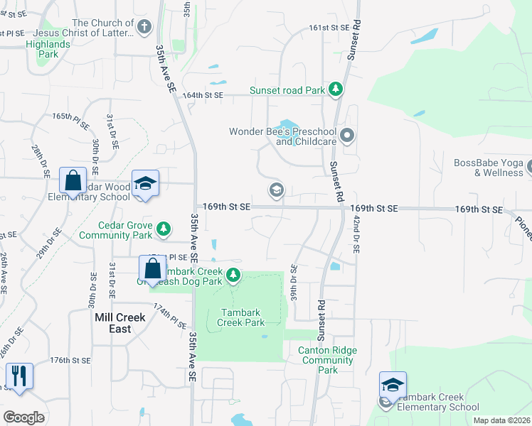 map of restaurants, bars, coffee shops, grocery stores, and more near 3725 169th Place Southeast in Bothell