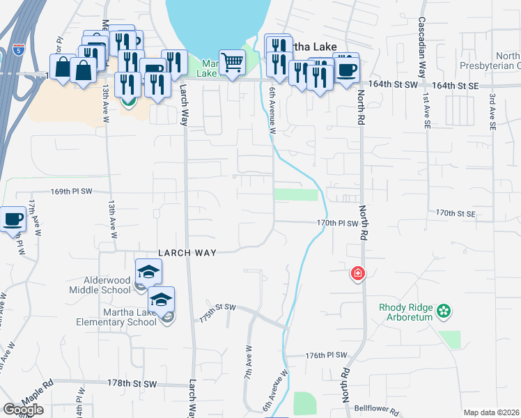 map of restaurants, bars, coffee shops, grocery stores, and more near 705 170th Place Southwest in Lynnwood