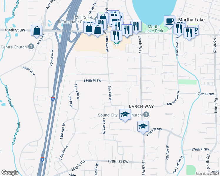 map of restaurants, bars, coffee shops, grocery stores, and more near 17002 13th Avenue West in Lynnwood