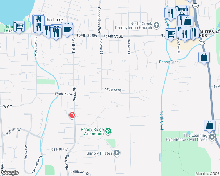 map of restaurants, bars, coffee shops, grocery stores, and more near 114 170th Street Southeast in Bothell