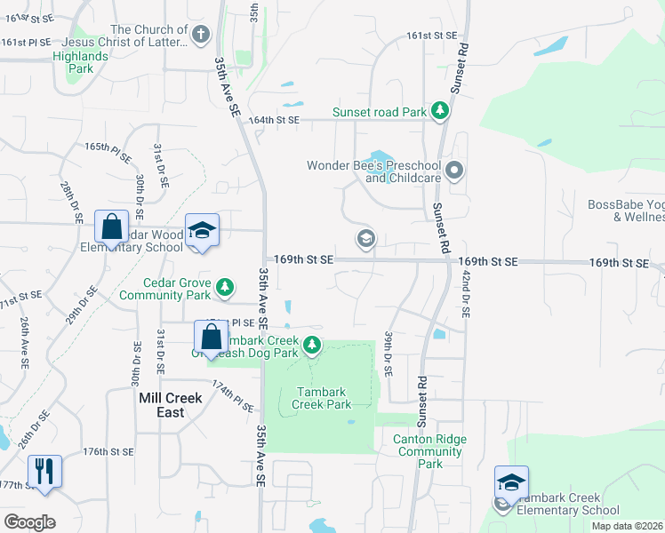 map of restaurants, bars, coffee shops, grocery stores, and more near 16909 37th Drive Southeast in Bothell