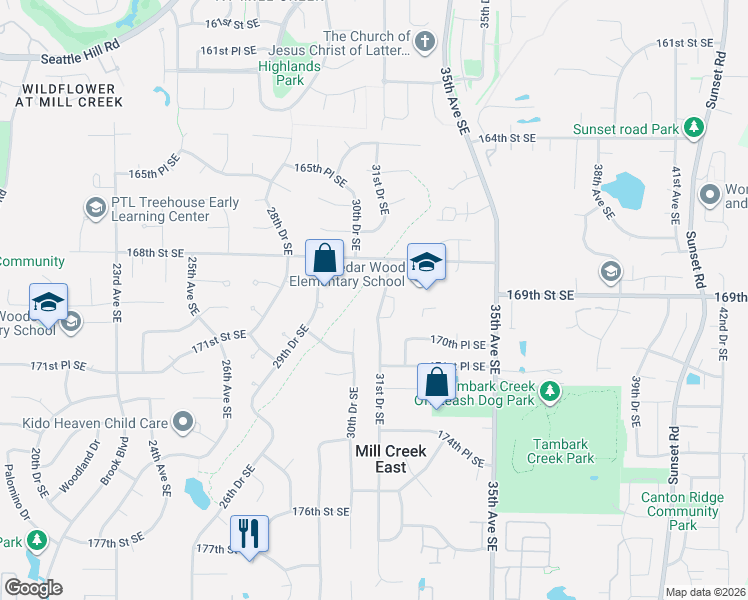 map of restaurants, bars, coffee shops, grocery stores, and more near 17003 30th Drive Southeast in Bothell