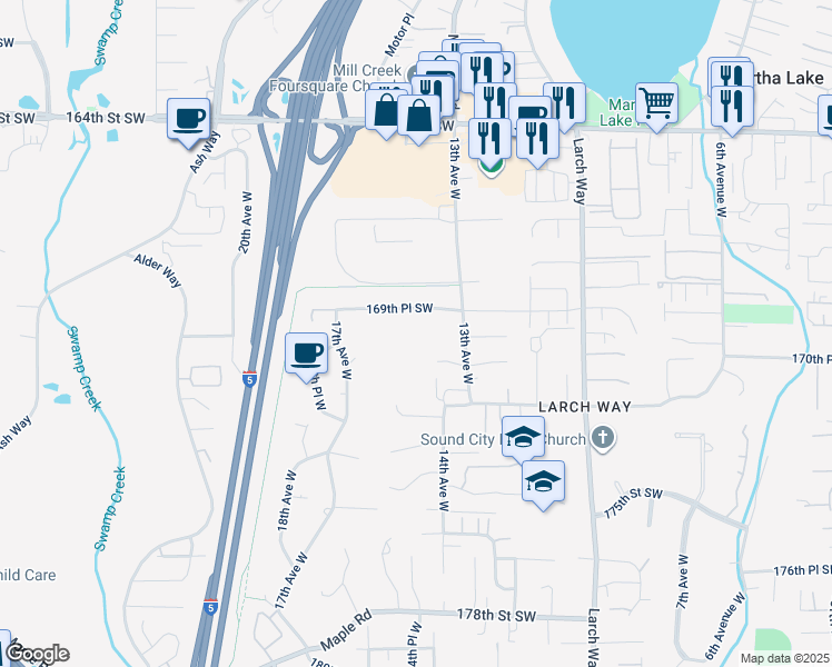 map of restaurants, bars, coffee shops, grocery stores, and more near 1327 170th Place Southwest in Lynnwood