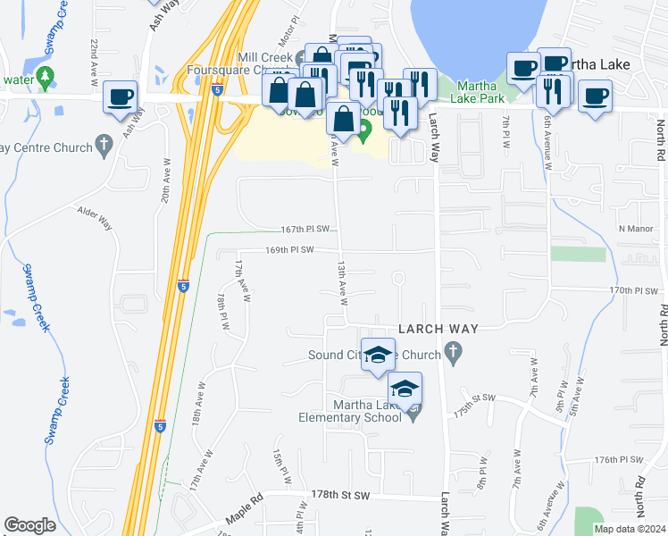 map of restaurants, bars, coffee shops, grocery stores, and more near 17002 13th Avenue West in Lynnwood