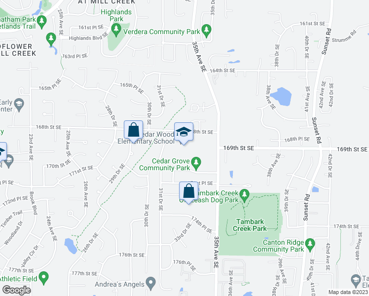 map of restaurants, bars, coffee shops, grocery stores, and more near 3414 168th Street Southeast in Bothell