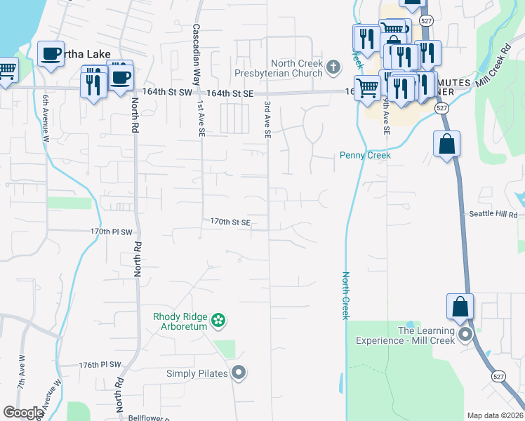 map of restaurants, bars, coffee shops, grocery stores, and more near 16925 3rd Avenue Southeast in Bothell