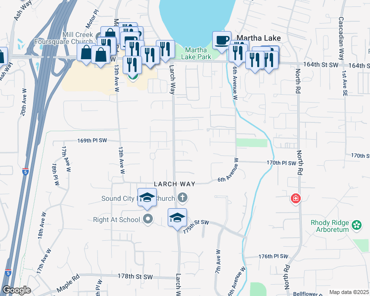 map of restaurants, bars, coffee shops, grocery stores, and more near 16925 Larch Way in Lynnwood