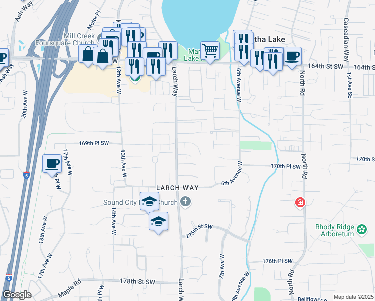 map of restaurants, bars, coffee shops, grocery stores, and more near 16925 Larch Way in Lynnwood